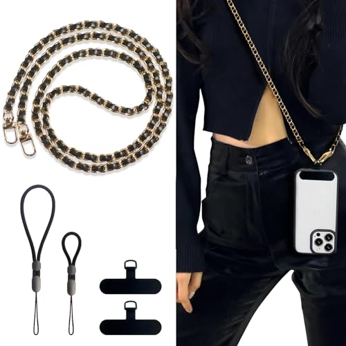 Universal Crossbody Patch Phone Lanyards - 2 Pads, 1 Leather Phone Strap, 1 Adjustable Finger Strap - Compatible with Most Smartphones (48in) - color: Gold/Black 48in