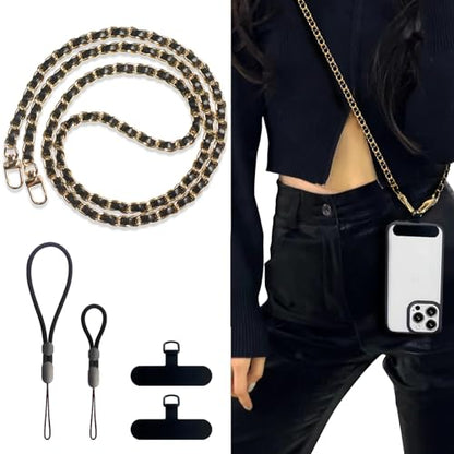 Universal Crossbody Patch Phone Lanyards - 2 Pads, 1 Leather Phone Strap, 1 Adjustable Finger Strap - Compatible with Most Smartphones (48in) - color: Gold/Black 48in