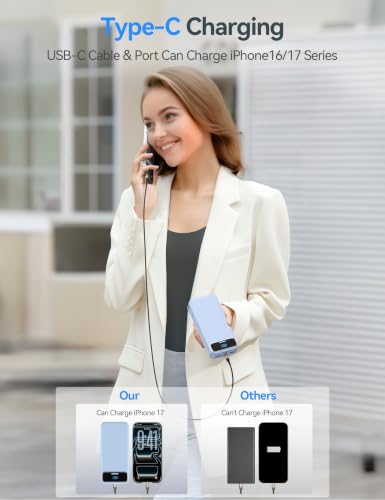 aonidi Portable Charger 20000mAh with Built-in Cables&AC Wall Plug, Blue - color: Sky Blue