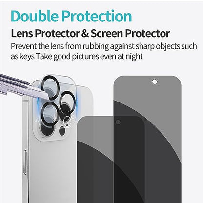 PEHAEL for iPhone 15 Pro Privacy Screen Protector+Camera Lens Protector