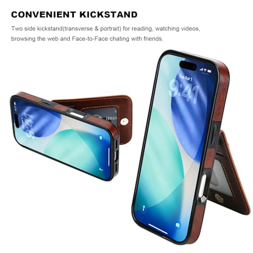 KIHUWEY for iPhone 17 Wallet Case Card Holder Kickstand, Brown | Credit Card Slots, PU Leather, Magnetic Clasp, Flip Heavy Duty Protection Cover for Men and Women - color: Brown