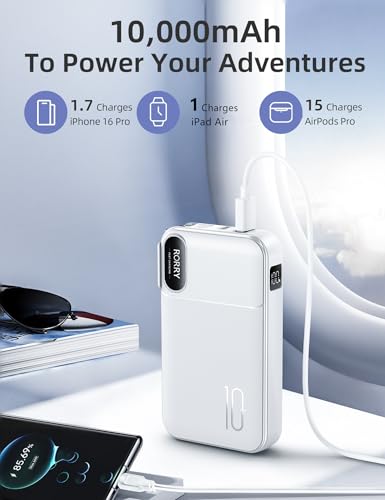 RORRY Portable Charger 3 in 1 with Wall Plug 10000mAh Power Bank for iPhone - color: White