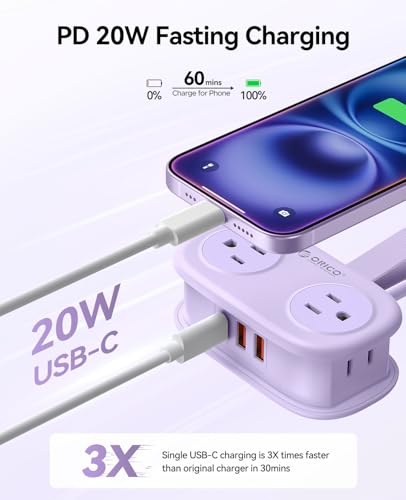 ORICO Purple Travel Power Strip with 4 AC Outlets 3 USB Ports (1 USB-C) - color: Purple