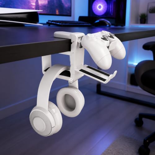 Rotating Headphone Stand with 360° Swivel - Adjustable Clamp-on Under Desk Headset Holder, Universal Gaming & Office Headphone Hanger - color: White