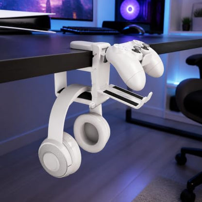 Rotating Headphone Stand with 360° Swivel - Adjustable Clamp-on Under Desk Headset Holder, Universal Gaming & Office Headphone Hanger - color: White