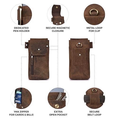 Leather Village Genuine Leather 7”x3.5” Phone Holster with Belt Clip, Magnetic Closure, ID Card Holder - Coffee Brown Universal Case for iPhone, Samsung Galaxy, Google Pixel - color: Cappuccino Brown