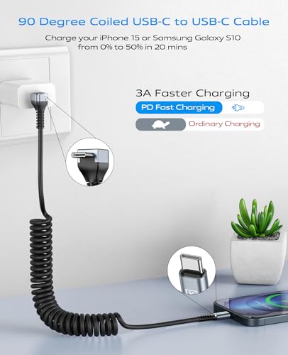 KIYODA USB C to C Cable for CarPlay/Android Auto 3FT 90 Degree USB C Cable - color: Grey, size: 3FT
