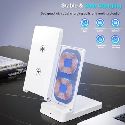 15W Desktop Wireless Charger Stand Foldable Phone Holder for iPhone 17 16 15 14 13 12 Pro Max Samsung Xiaomi Double Coil Fast Charging (Black)