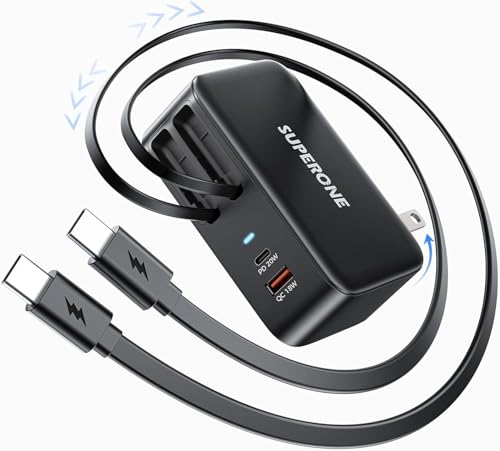 SUPERONE 4 in 1 Retractable Wall Charger with Dual USB C Cables - color: Black