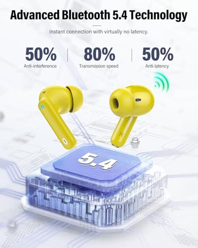 Wireless Earbuds, Bluetooth 5.4 Headphones Bass Stereo/Clear Calls, Yellow - color: Yellow