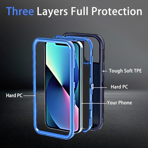 YmhxcY for iPhone 13 Case, 2X Glass Screen and Camera Protector, 3 in 1 Heavy Duty Shockproof Drop Protection Stripe Rubber Cover for 13 6.1"-Dark Blue - color: Dark Blue