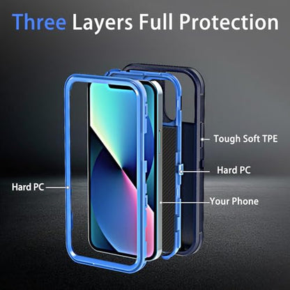 YmhxcY for iPhone 13 Case, 2X Glass Screen and Camera Protector, 3 in 1 Heavy Duty Shockproof Drop Protection Stripe Rubber Cover for 13 6.1"-Dark Blue - color: Dark Blue