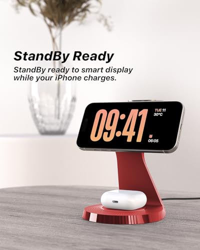 LONGCONN 3 in 1 Wireless Charging Station for Apple Devices with MagSafe - color: Red