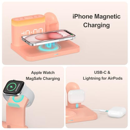 ANJANK 5 in 1 Wireless Charging Station with Alarm Clock,7 Night Light & 0-100% Dimmer,Qi Mag-Safe Charger Stand for Apple Devices - for iPhone 17 16 15 14 13 12 Pro Max Plus Air,Apple Watch,Airpods - color: Pink