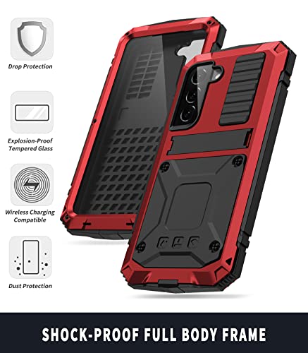 Simicoo Compatible with Samsung S22 Plus Metal Bumper Silicone Case with Stand Hybrid Military Shockproof Heavy Duty Rugged case Built-in Screen Protector Cover (Red) - color: Red, size: S22 Plus