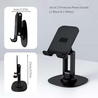 2-Pack Desk Phone Stand - Black and White, Adjustable Foldable Mobile Holders with 360° Rotating Base for All Smartphones