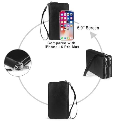 Double Zipper Wallet for Women RFID Blocking Cellphone Wristlet Large Size Multi Card Clutch Purse with Removable Strap, Black - color: Black