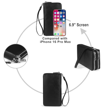 Double Zipper Wallet for Women RFID Blocking Cellphone Wristlet Large Size Multi Card Clutch Purse with Removable Strap, Black - color: Black