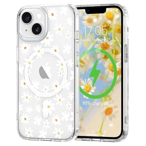 for iPhone 14/13 Case Flower Clear Magnetic Floral,White | [Compatible with Magsafe], Cute Flower Girls Women Clear Case Silicone Shockproof Protective Cover with Pretty Floral Pattern - color: White, size: iPhone 14/13