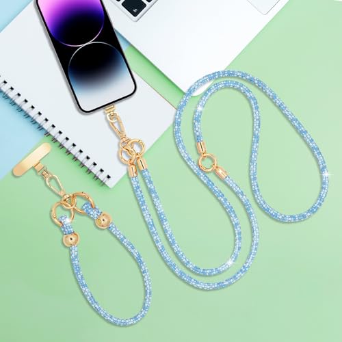 Crystal Phone Strap Crossbody and Wrist Lanyard, Anti Theft Layered & Wrist Strap Cell Phone Neck for Women - color: Blue