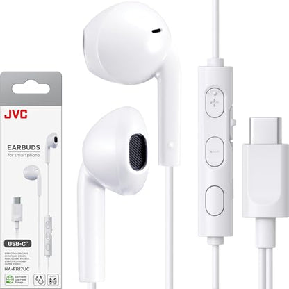 JVC USB-C Wired Earbuds Headphones, Delay-Free for Videos and Gaming, Built-in DAC Reduces Noise and Improves Sound Quality, 10.7 mm Diameter Neodymium Drivers - HAFR17UCW (White) - color: White