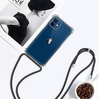 for iPhone 12 Mini Clear Case Adjustable Shoulder Neck Lanyard Crossbody Strap Phone Cover Women Girls Soft Slim Bumper Shockproof Protective Mobile Case for iPhone 12 Mini - Black - size: for iPhone 12 Mini