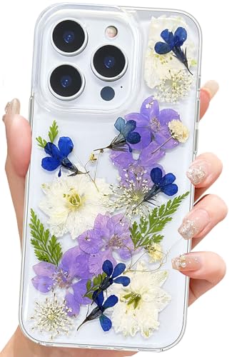Abbery for iPhone 15 Pro Max Case Clear with Purple Blue White Pressed Flower Design Cute Silicone TPU Real Dried Floral Aesthetic Protective Shockproo Women Girl's Phone Cover(Navy Flower) - color: Navy Flower, size: for iPhone 15 Pro Max