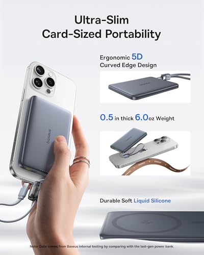 Baseus Picogo Qi2 15W Magsafe Portable Charger, 0.5" Ultra Slim 10000mAh Wireless Power Bank with 27W Built-in USB-C Cable, Magnetic Battery Pack for iPhone 17 Pro Max/17 Pro/Air/16/15/14/13/12 | 10000mAh Wireless Power Bank, 27W Fast Charging Magnetic Ba