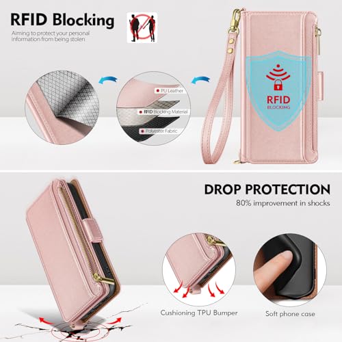 Antsturdy Crossbody Phone Wallet Case for iPhone 14 Pro,Rose Gold | RFID Blocking,PU Leather Flip Cover,Kickstand,with Credit Card Holder,Wrist Strap Lanyard & Handbag Purse,for Women & Men - color: (Crossbody) - Rose Gold