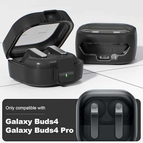 for Samsung Galaxy Buds 4/Buds 4 Pro Case (2026) with Secure Safety Lock Clip,Shockproof Scratch-Resistant TPU Transparent Soft Shell Protective Cover Accessories with Carabiner/Cleaning Kit(Black) - color: Black