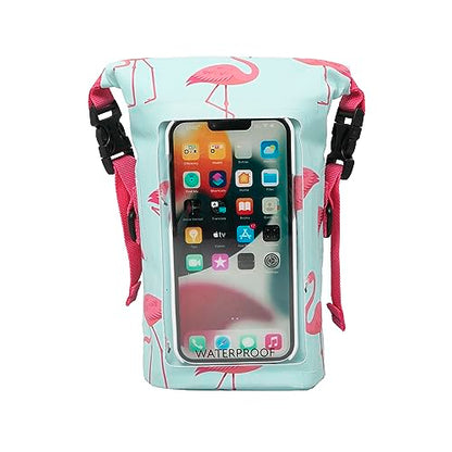 geckobrands Waterproof Phone Tote with 2L Dry Bag and Adjustable Strap – Protect Your Phone and Valuables While on The Go - color: Flamingo Stripe