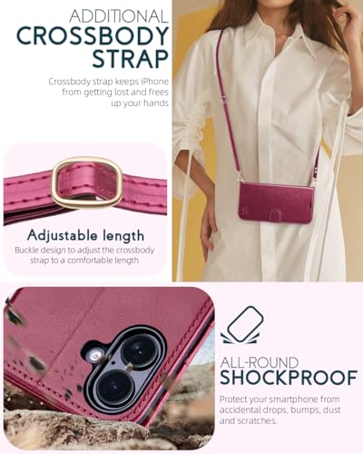 OCASE for iPhone 16 Wallet Case, PU Leather Crossbody Phone Case with Removable Shoulder Strap, Kickstand, RFID Blocking Card Slots, Flip Folio Phone Cover 6.1 Inch 2024, Burgundy - color: Burgundy, size: iPhone 16