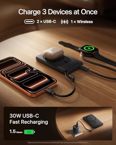 Baseus Picogo AM52 MagSafe Power Bank, Qi2.2 25W 10,000mAh Magnetic Portable Charger, 0.6" Slim Built-in 45W USB-C Cable, Alloy Fast Charging Wireless Battery Pack for iPhone 17/16/15/14/13/12 Only - color: Deep Black