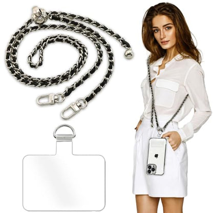 Cell Phone Lanyard Phone Crossbody Chain, Adjustable Phone Straps,Leather+Metal Shoulder Strap Cellphone Chain with Tether Patches Compatible with Most Phones Bag Purse Black - color: C