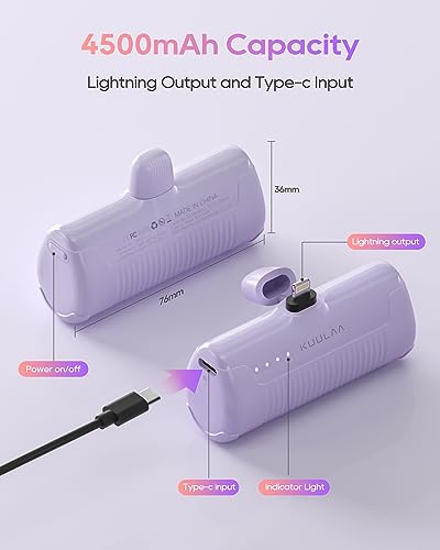 Kuulaa Portable Charger iPhone 4500mAh Mini Power Bank,Cute Battery Pack Backup Charger Travel Compatible with iPhone 14/13/12/11/XS/XR/Airpods (Purple) - color: Purple