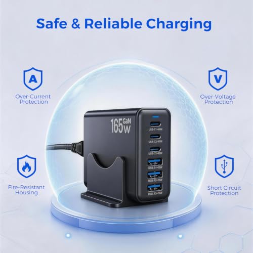 165W GaN Charging Station, 6-Port Desk Charging Station, Black - color: Black