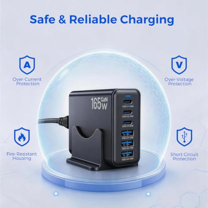 165W GaN Charging Station, 6-Port Desk Charging Station, Black - color: Black