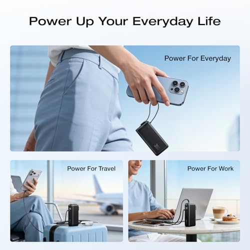 EF ECOFLOW Rapid 3-in-1 Portable Charger, 10,000mAh Power Bank with Built-in USB-C Cable and Foldable Wall Plug, 30W Max Battery Pack, Travel Essentials for iPhone 17/16/15 Series, Galaxy, MacBook