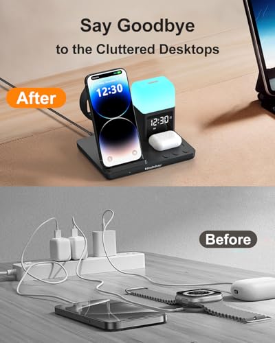 Wireless Charging Station Alarm Clock with 8 Touch Night Lights: 5 in 1 Charger Stand for Apple Devices, Charging Dock for iPhone 17 16 15 14 13 12 Pro Max Plus/Apple Watch/AirPods, Dimmable