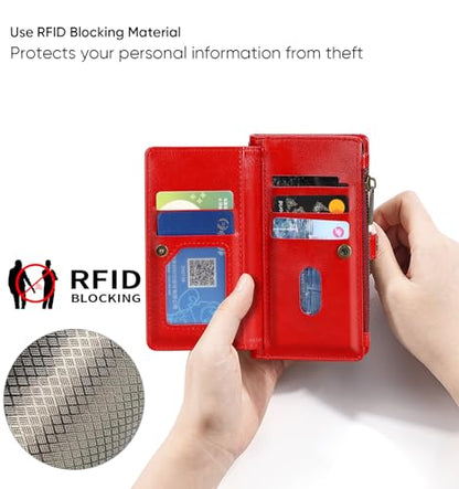 for iPhone 17 Pro Wallet Case, [Compatible with Magsafe] [Magnetic Detachable] [RFID Blocking] PU Leather Case with Card Holder & Crossbody Strap for Women Men, Red - color: Red