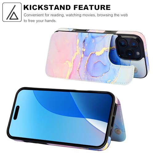 HAOPINSH for iPhone 16 Pro Max Wallet Case with Card Holder, Pink Blue Marble Pattern Back Flip Folio PU Leather Kickstand Card Slots Case for Women Girls, Double Magnetic Clasp Shockproof Cover 6.9" - color: Pink Blue Marble
