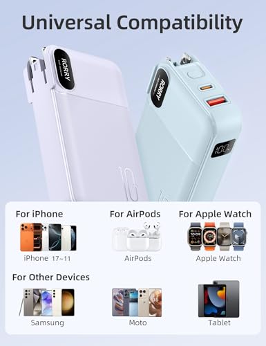 RORRY Portable Charger 3 in 1 with Wall Plug 10000mAh Power Bank for iPhone - color: Purple