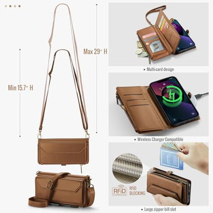 Strapurs Wallet Case Compatible with iPhone 13 RFID Blocking 7-Card Holder Soft PU Leather Magnetic Snap Shoulder Strap Zipper Pocket Phone Case Fit for iPhone 13 for Women 6.1" - Brown | RFID Blocking 7-Card Holder, Shoulder Lanyard, Wirst Strap, Zipper