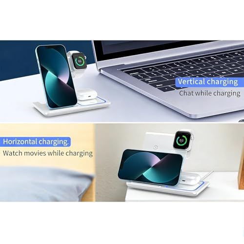 Wireless Charging Station 3 in 1 for Phone Watch and Earbuds Compact Desktop Charging Stand Flat Base Design for Home Office Travel, 6.5 x 6.5 x 0.8 Inch - color: white