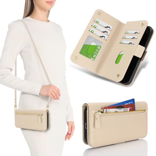 for iPhone 15 Pro Wallet Case for Women,for iPhone 15 Pro Case with Strap Crossbody Lanyard,PU Leather Shockproof Card Holder Stand Zipper Pocket Flip Phone Case-Beige - color: Beige