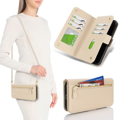 for iPhone 15 Pro Wallet Case for Women,for iPhone 15 Pro Case with Strap Crossbody Lanyard,PU Leather Shockproof Card Holder Stand Zipper Pocket Flip Phone Case-Beige - color: Beige