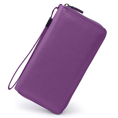 Bveyzi Women RFID Blocking Wallet Leather Zip Around Phone Clutch Large Capacity Ladies Travel Purse Wristlet - color: Purple