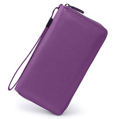 Bveyzi Women RFID Blocking Wallet Leather Zip Around Phone Clutch Large Capacity Ladies Travel Purse Wristlet - color: Purple