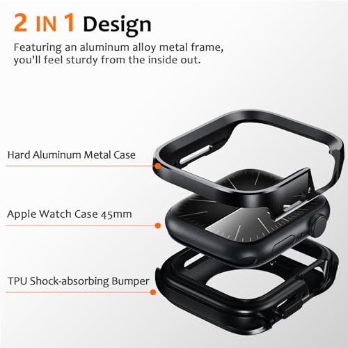 Amizee 2 in 1 Metal Rugged Case Compatible with Apple Watch Series 9/8/7 45mm, Aluminum Shockproof Protective Bumper Cover for iWatch 45mm, Black - color: Black, size: 45mm