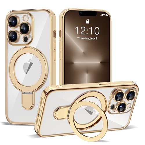 Compatible with iPhone 13 Pro Case with Invisible Magnetic Ring Stand [Compatible with Mag-Safe] [Full Camera Lens Protector] Plating Shockproof Clear Phone Case for iPhone 13 Pro 6.1", Gold - color: Gold, size: Iphone 13 Pro